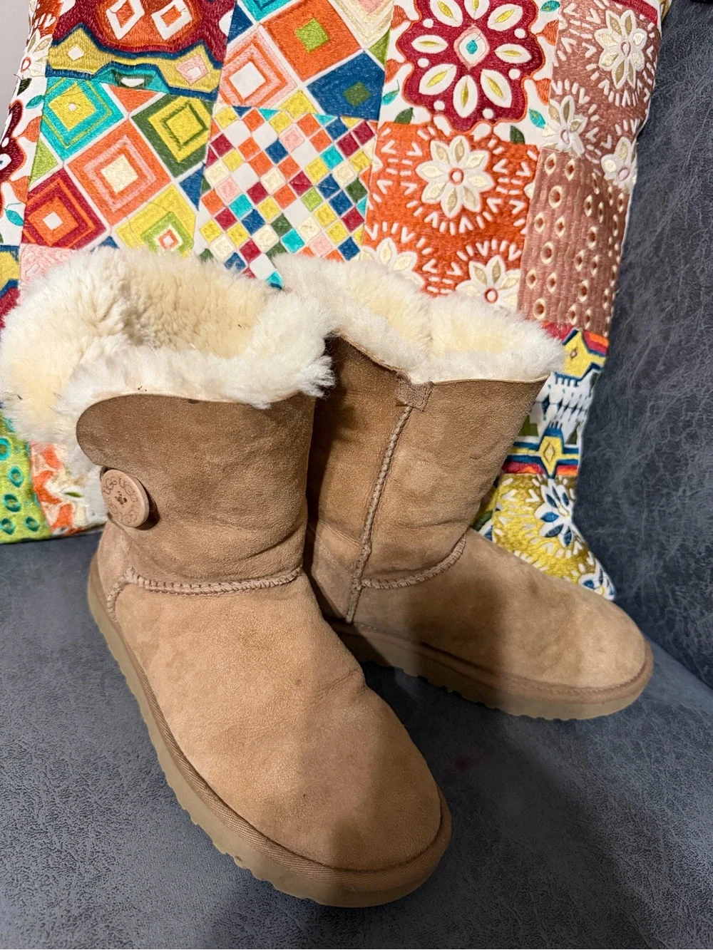 UGG Chestnut Shearling Button Short Boots.